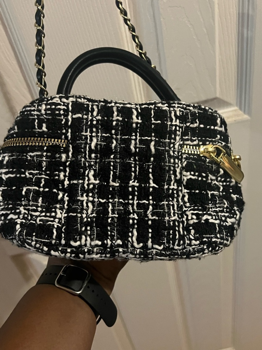 Black & White Tweed Chain-Handle Women's Crossbody Bag